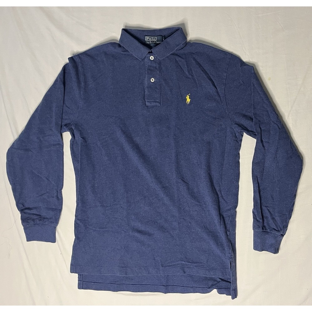 Ralph Lauren Long Sleeve Polo Shirt Men's Size Medium Blue Yellow Pony Button